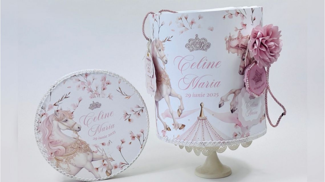 Trusou botez carusel cu cai roz pal si flori pastelate Pink Carousel 15